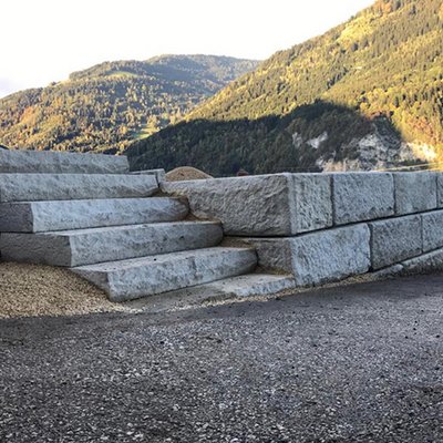 Stabile Betonstufen führen über die Mauer – ideal für Höhenunterschiede im Garten