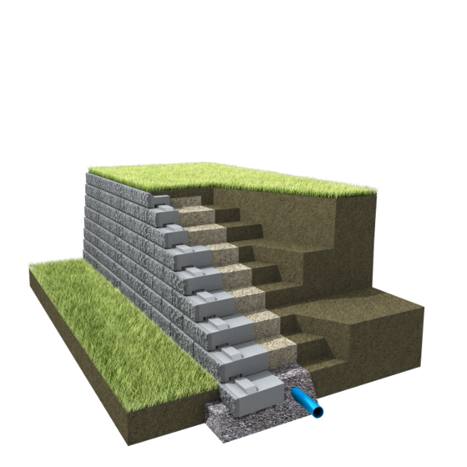 Stützwand die als Beton-Schwergewichtsmauer ausgeführt ist in 3-D dargestellt